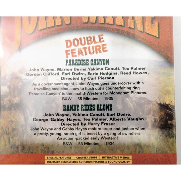 John Wayne DVD Double Feature Paradise Canyon 1935 Randy Rides Alone 1934 Sealed - Picture 3 of 3